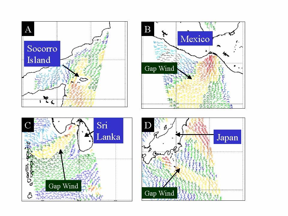 Fig. 3 Topographically-induced wind regimes. A: Low wind speeds downwind of Socorro Island, Arabian Sea, 9 September 2003; B. Tehuantepecer gap wind, 19 December 2003; C.