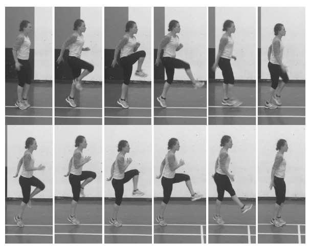 Figure 6.8 Picture sequence of the recommended variation of A-skip drill of the left and right leg. Further research on the kinematics of performing this A-skip variation would be necessary.