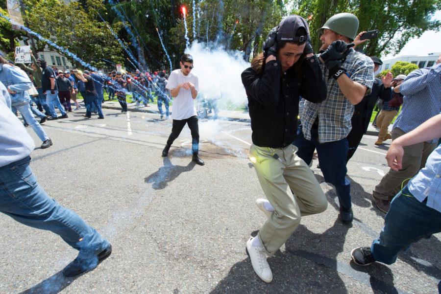 detonates amidst Berkeley Police officers, April 15, 2017, Civic Center