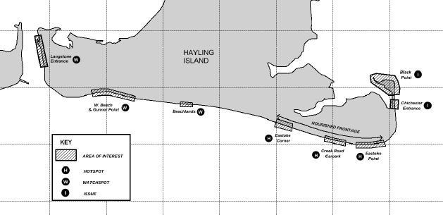 Figure 2.12 shows the location of all the erosion hot spots (current issues), watch spots (potential issues) and other issues around the South Hayling frontage.