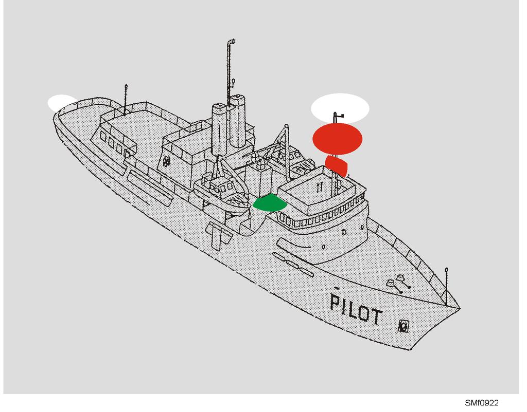 Figure 9-22. Pilot vessel, under way. an all-round white light at a level lower than the light in the forepart of the vessel. Rule 30 applies here.