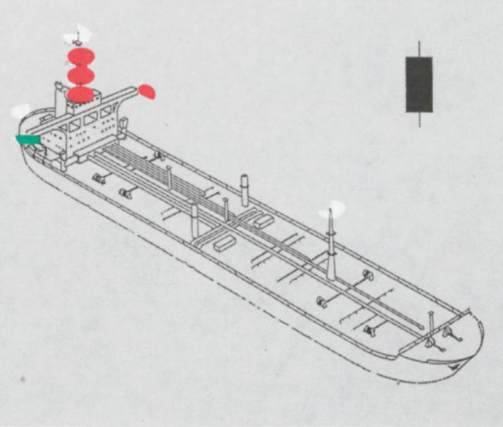 Figure 9-29. Vessel constrained by her draft. Navigation lights must be exhibited from sunrise to sunset.