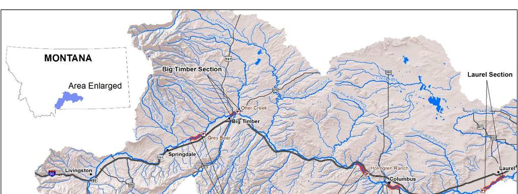 Figure 8: Sections of the Yellowstone River that were surveyed in spring 217.