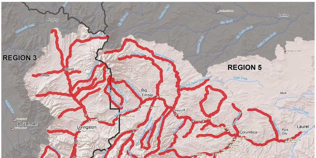 Figure 1: Map of Yellowstone River closure that was implemented on August 19, 216. Red lines indicate closed waters.