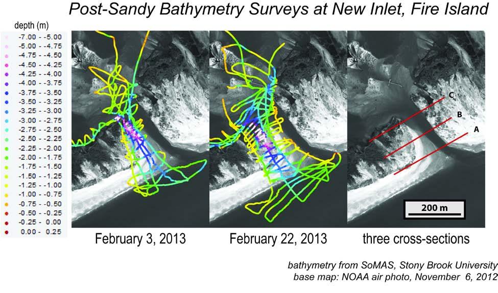 Figure 6. Results of bathymetric surveys conducted on February 3 and February 22, 2013. The color of the track varies with the water depth, and water depths are referenced to NAVD88.