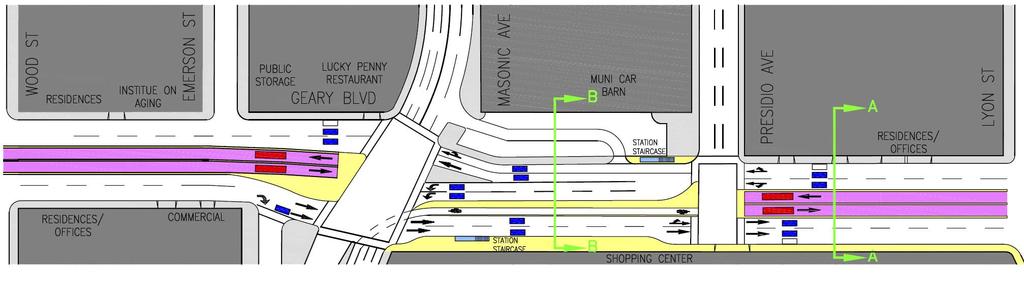 MASONIC 1: BRT and Station in Tunnel Traffic at surface (2 lanes