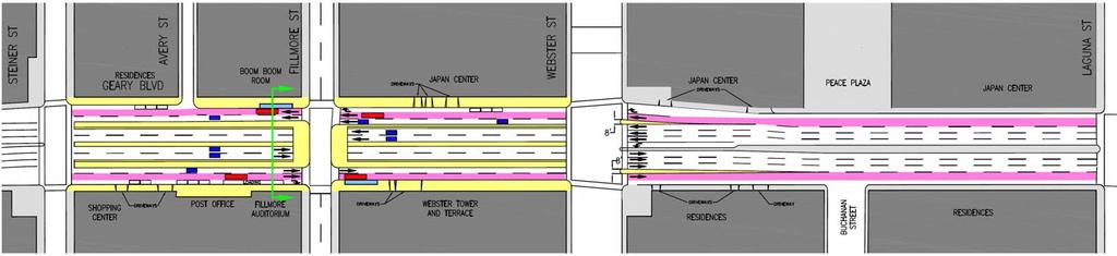 FILLMORE 3: BRT in Widened Service Road 2 mixed traffic lanes in underpass, 1 lane in service