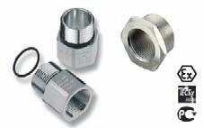 Adaptors Adaptors with male threads able entries Adaptors can be used to connect threaded holes and cable glands of different thread sizes and types. Brass, nickel-plated Temperature range -40.