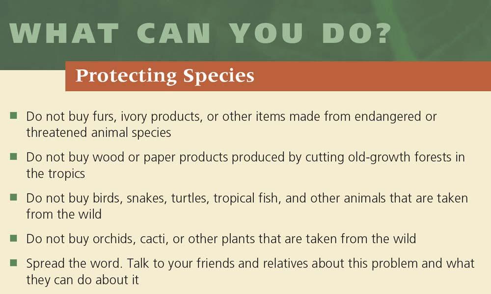 Other ways we can help: * Wildlife refuges protected lands * Gene Banks seed banks to preserve genetic information of species. * Botanical Gardens arboretas; contain live plants.