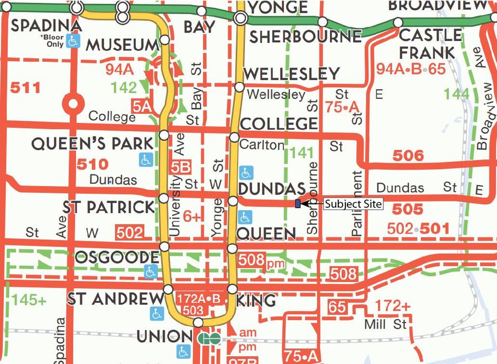 Technical Transportation Report Page 8 of 26 219 and 231 Dundas Street East Source: TTC, October 215 Figure 2-2: TTC Service Network The 55 Dundas streetcar route provides east-west service, with