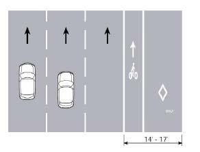 Design Treatments: Bus lane at curbside with bike lane to left Some cities recommend that bicycles and buses each have their own dedicated lane where there is 14 to 17 feet of available right-of-way.