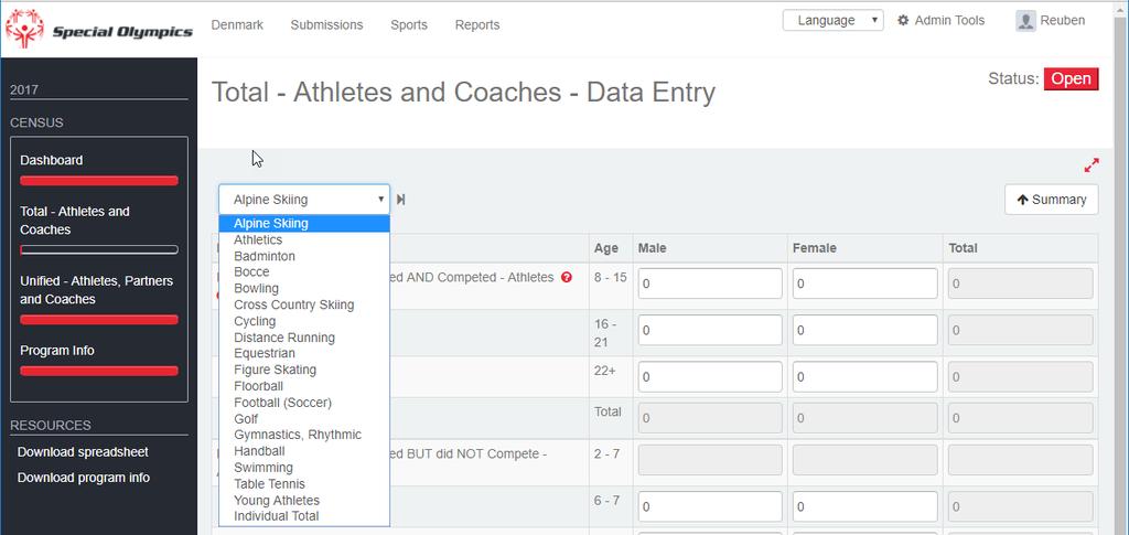 Clicking on the will take you the next Sport, or you can select the Sport from the drop down. You can complete the entries for Sports in any order.