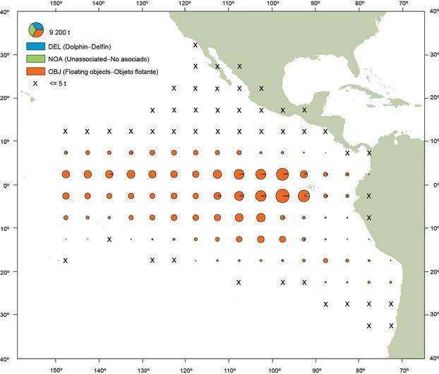 FIGURE A-3a. Average annual distributions of the purse-seine catches of bigeye, by set type, 2005-2009. The sizes of the circles are proportional to the amounts of bigeye caught in those 5 by 5 areas.