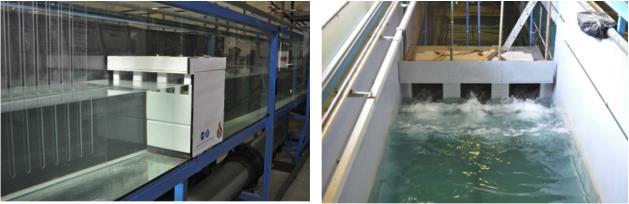 Figure 4. CIEM wave flume: wedge wave generator (left) and overview of the flume (right) Physical model experiments with regular waves were carried out in both facilities.