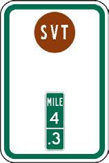 The mileage marker used will be from Part 9 of the MUTCD manual, D10-1a which will be placed on D4-3 with a color-coded circle containing the initials of the trail as shown below.