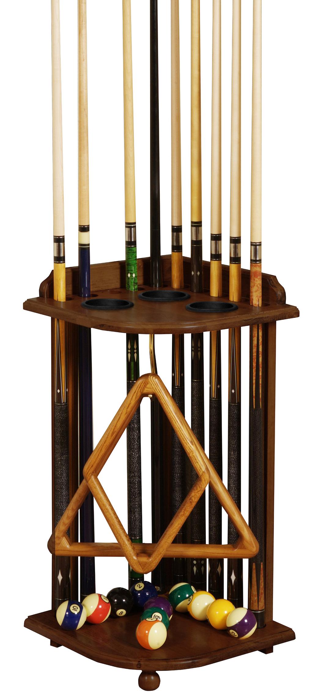 CORNER CUE RACK The Heritage Corner Rack is designed with you in mind. Store up to 10 cues, ball rack and balls in the corner out of the way.