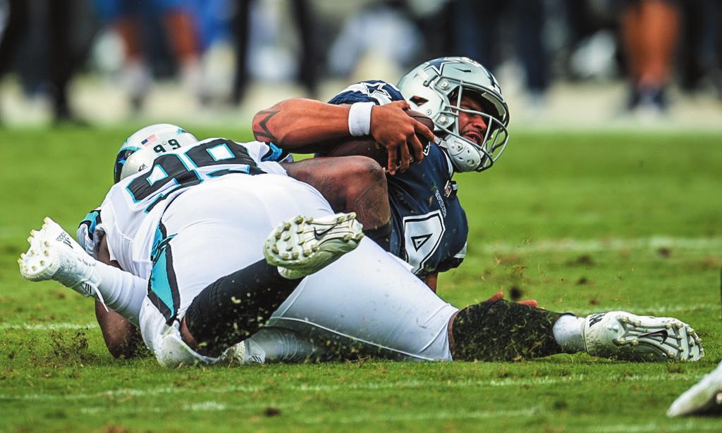 The game marked the third-lowest rushing output for Elliott in his career, which includes 26 games over the last three seasons. The Panthers ranked third in the NFL in sacks in 2017 with 50 sacks.