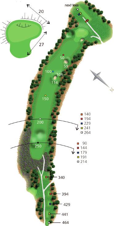 Longhitters can expect to be on or very close to the green in 2. A long tee shot to the left of the fairway will leave a great chance to make the green with the next shot.