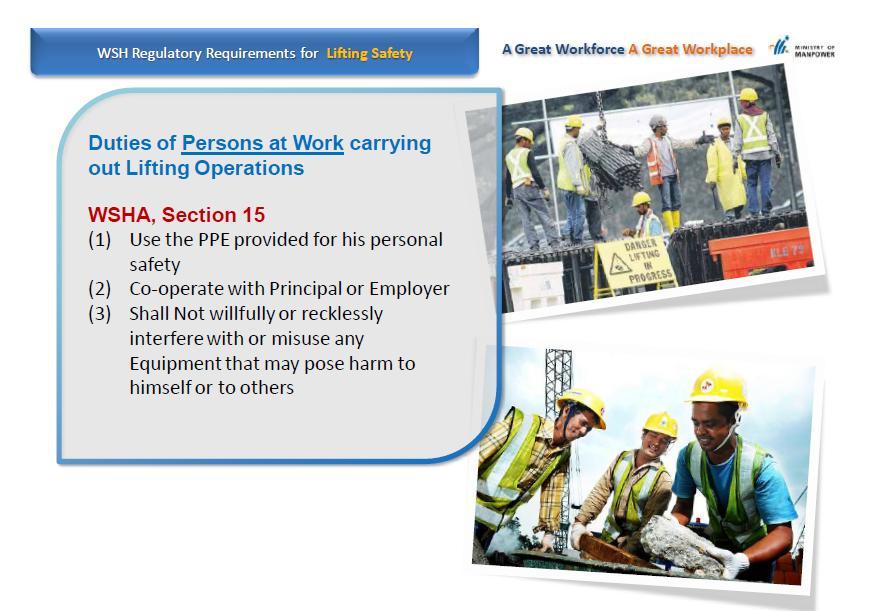 Operation / Execution of Jobs Duties of Persons at Work Source from OCH Division, MOM 13 th Dec 2012 Presentation Slides Operation / Execution of Jobs Supervision Competent Person appointed to