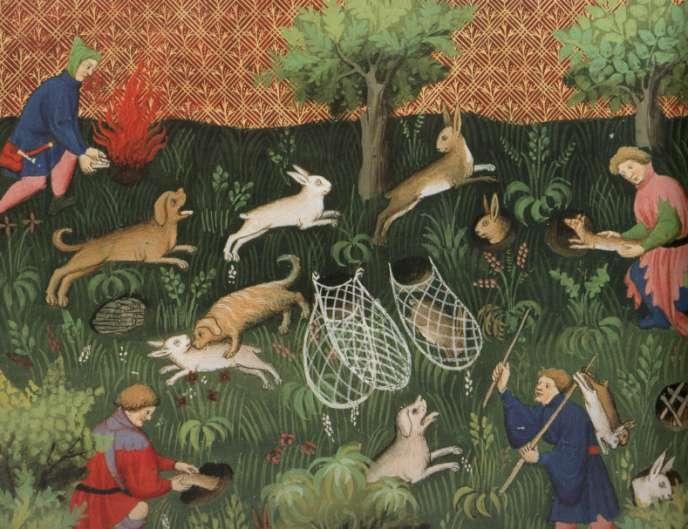 The manuscript shows many interesting means of hunting rabbits,