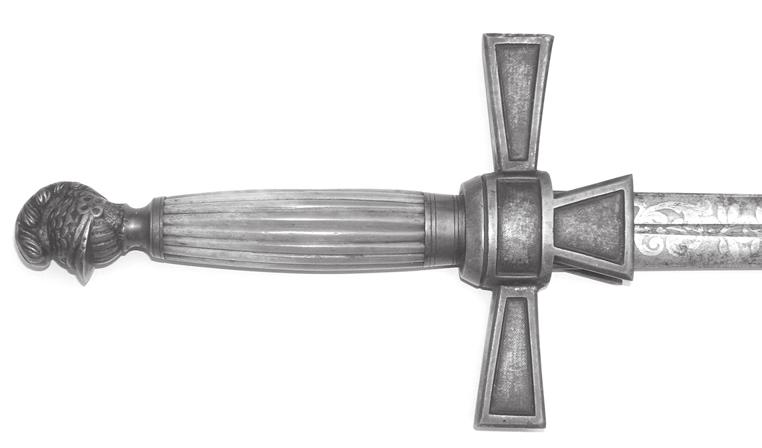 The 1830 1860 Navy Militia NCO sword has a helmet at the top of the grip and no knuckle guard. The quillon is equal on both sides. The sword is made by Horstmann & Sons of Philadelphia.