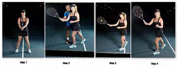 The right hand is holding the end of the racket in a forehand grip position and the left hand is next to the right hand. The left hand is holding the racket slightly tighter than the right hand.