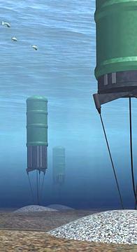 AWS Ocean energy Archimedes Wave swing 1 MW 39 x 90 foot cylinder Within the top cylinder (floater) is a lower cylinder (basement) which moves up and down through the floater cylinder with the motion