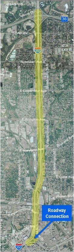 Corridor 3A I-35E: I-94 to TH 36 See Figure 4.1 for design of connection to downtown St. Paul. Segment Length: 3.9 miles. Mainline realignment with narrow shoulder and lane widths required.