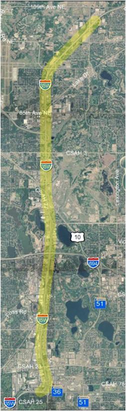 Corridor 4B I-35W: TH 36 to Blaine Segment Length: 10.8 miles. Mainline realignment with narrow shoulder and lane widths required.