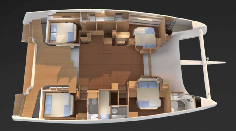 Layout C 5 cabins - 5 heads + skipper Port side float > 1 double aft cabin, including a head and a