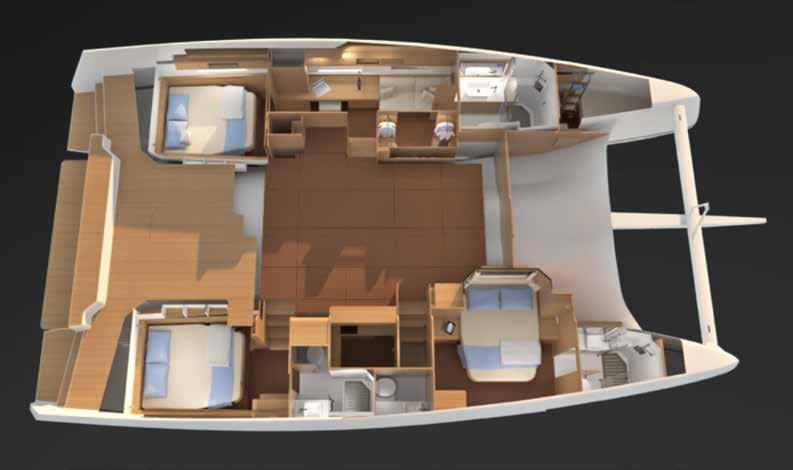 Layout A 3 cabins - 4 heads + skipper Port side float > 1 owner suite including a head and a separate shower > 1 skipper cabin Starboard float > 1 double aft cabin with