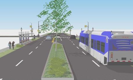 A second running way treatment is recommended for the Blue Line where determined to be feasible during project design. BRT would operate with mixed traffic in the right lane.