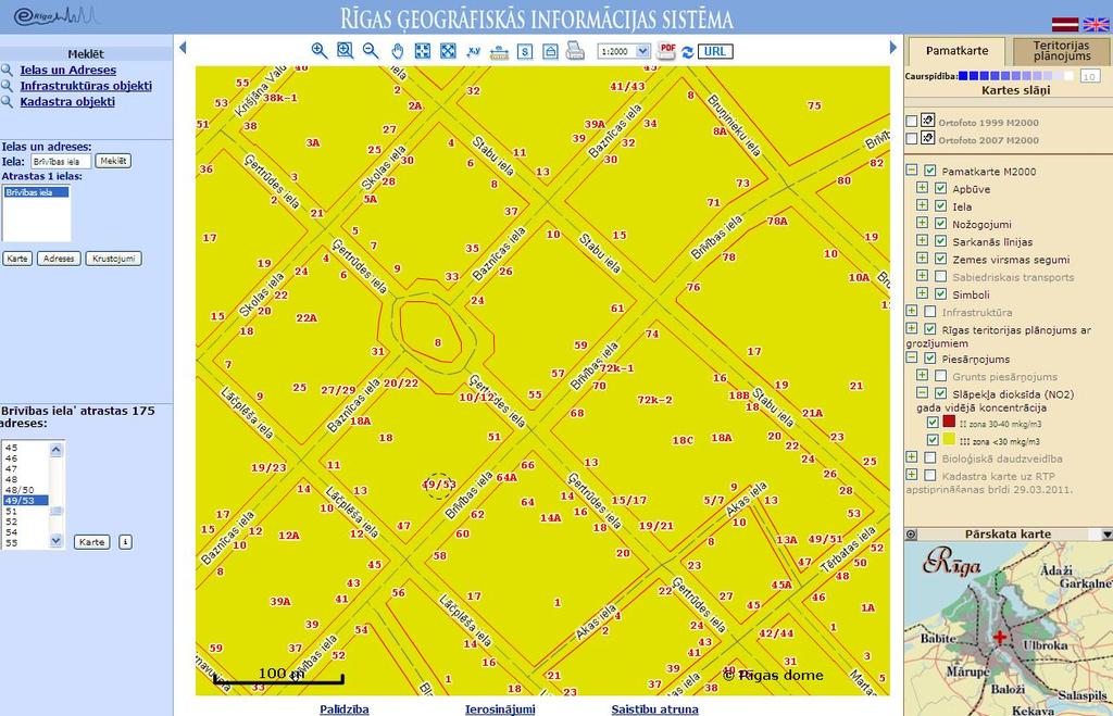 7.2. attēls. Gada vidējās koncentrācijas NO 2 zonējuma karte Rīgai Brīvības ielas posmā kopija no RIGIS informācijas sistēmas 2014.g. 26. februārī).