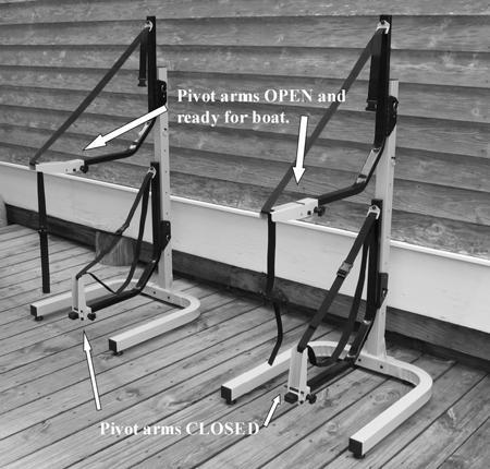 To load USE INSTRUCTIONS Open pivot arms (horizontal) toward front of rack, this will give more clearance for boat and ease loading.