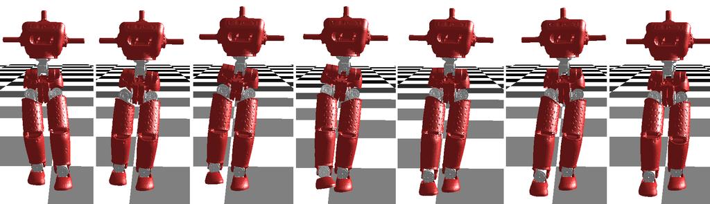Example sequences of one step motions from using the reduced model, the whole-body model minimizing torques and the whole-body model with torso orientation minimization. Min. torques Min.