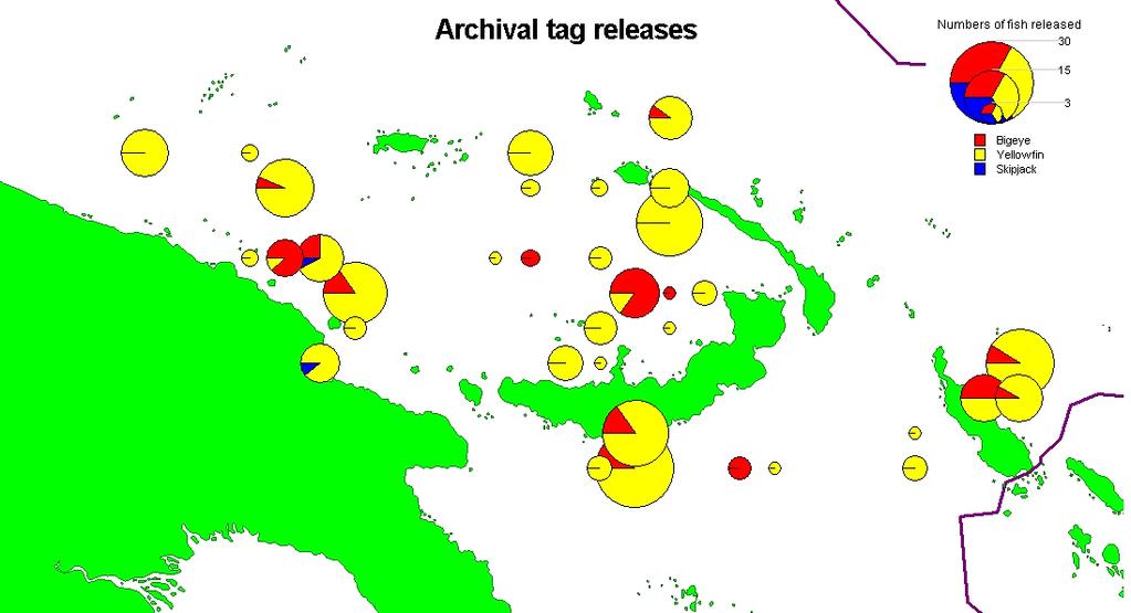 Figure 3. Spatial distribution of archival tag releases by species AT bigeye (n=48) 8 7 6 5 4 3 2 1 4 45 47 51 53 55 58 6 62 64 67 74 84 89 Frequency small tag big tag length (cm) Figure 4.
