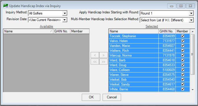 oosing. c. Multi-Member Handicap Index should be set to Select from List (if H.I. Different) Step 3 - Click OK to update the handicap indexes.