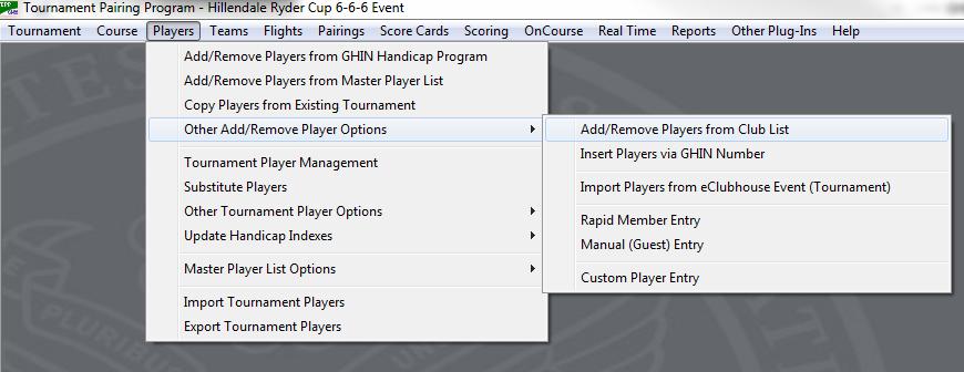 How to add a club member into a TPP tournament (if the member is not already in the Master Player list) Step 1 - Go to Players Other Add/Remove Player Options Add/Remove Players via Club List.