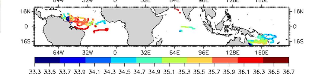 Pacific Gyre (SBE 37 SI) SVP drifter (~40cm depth) SSS freshenings near Atlantic