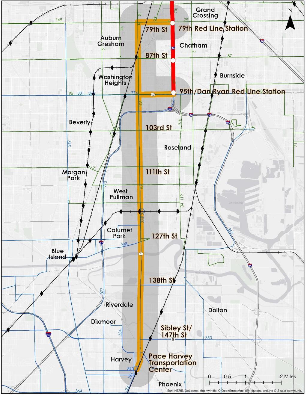 Project Area 11 mile corridor Harvey Transportation Center to 79 th & 95 th Street Red Line Stations Significant