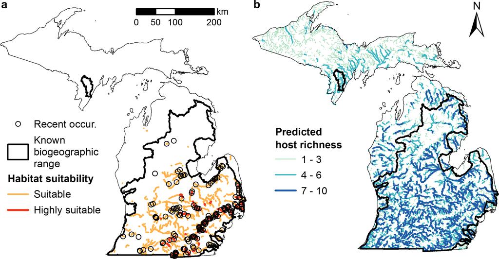 Fig. 2 Predicted habitat suitability (a) and host richness (b) compared with the known biogeographic range for villosa iris (rainbow) that host fishes have a diminished role in determining