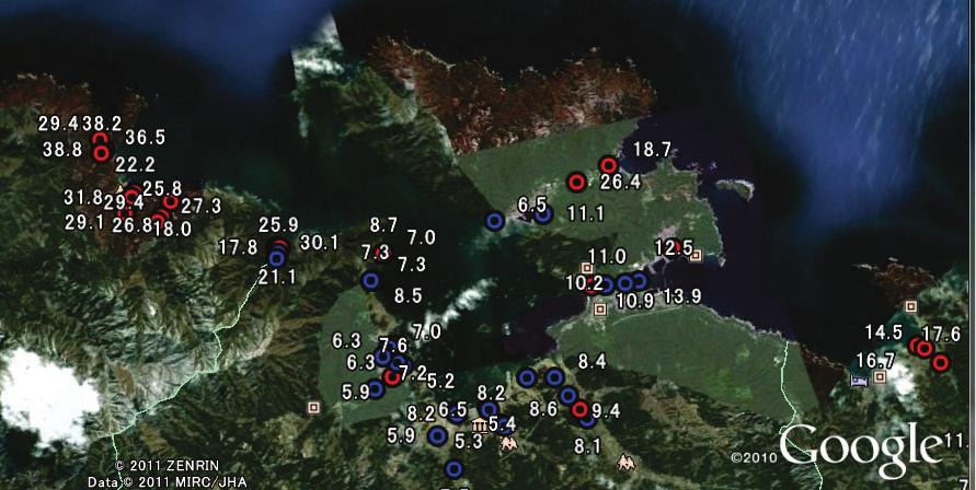 3 Figure 2 shows a satellite image around Yamada Bay together with measured runup and inundation heights of the tsunami.