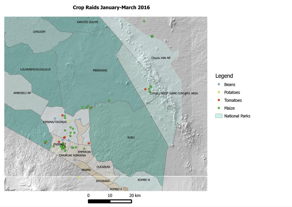 Map: Areas impacted by wildlife crop-raiding in the Amboseli ecosystem Number of incidents