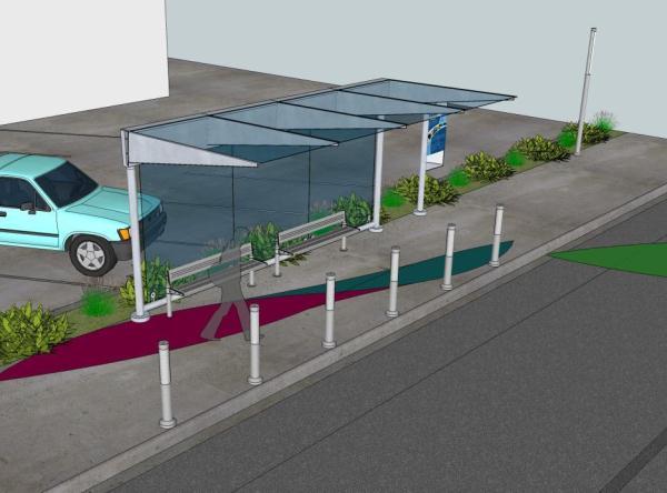 KENNEDY BOULEVARD PEDESTRIAN AMENITIES Translucent panels to provide shade in the day yet allow for complete vision.