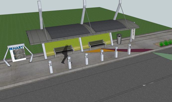 KENNEDY BOULEVARD PEDESTRIAN AMENITIES Solar panels to power the LED and feed back into power grid when possible Large signage to create map of points of interest and advertising for both pedestrians
