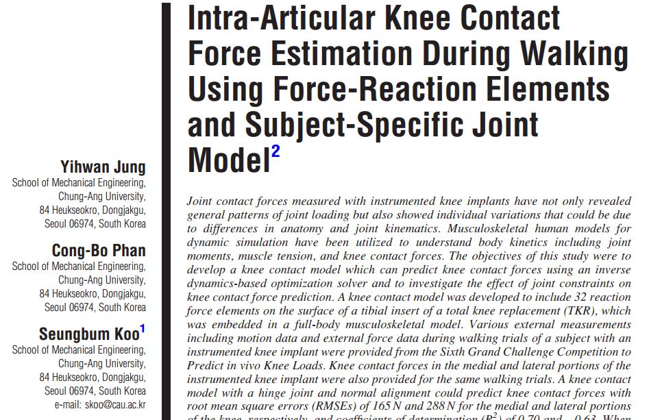 Publication for this work Jung Y, Phan c, Koo S, Intra-articular knee contact force estimation during walking using