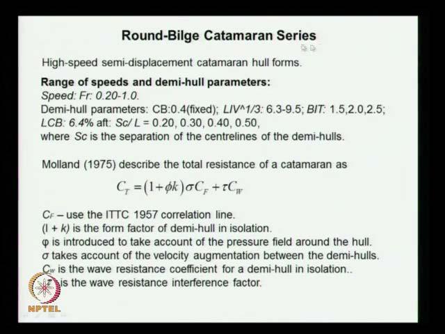 (Refer Slide Time: 04:52) We have already discussed the semi displacement thing, now instead of mono hulls it is in the catamaran two hulls range of speed and demy hull parameters speed of fluid