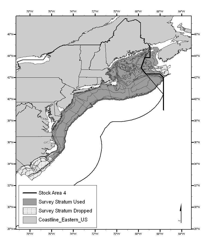 Map 3 NEFSC bottom trawl survey strata for Northeast U.S. that were included in and excluded from the EFH analysis.