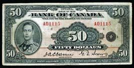 Bank of Upper Canada; 1820 $2 #3761, CH-765-12-04, BCS VG10. Designated with holes and tears. Opening Bid: ($25) $85-$190 Dominion of Canada Notes 876. 1935 $1 BC-1 #B2943813, PMG CH F15.