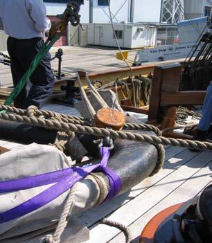 Rigging gear to deploy starboard admiralty anchor. 1. Remove chain guard rail. 2. Place cow hitch around crown of anchor. 3.